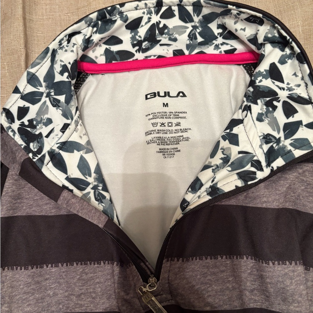 Bula Women's Gray and Black Striped Mid-layer top.
